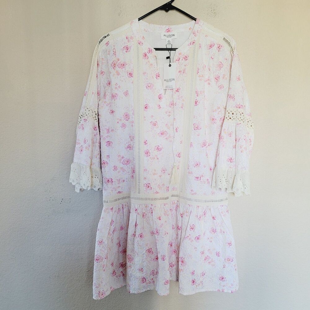 Allison New York Drop Waist Dress Small Floral Eyelet Bell Sleeves Cottage Boho